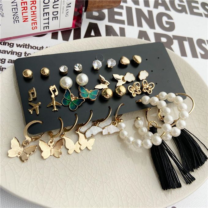 17 Pair/Set Gold Studs Butterfly & Pearl Pendant Earrings