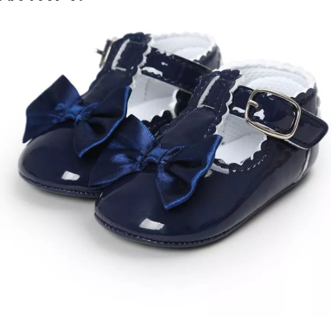 Newborn Baby Girls Party T-Bar Bowknot Shoes - Navy