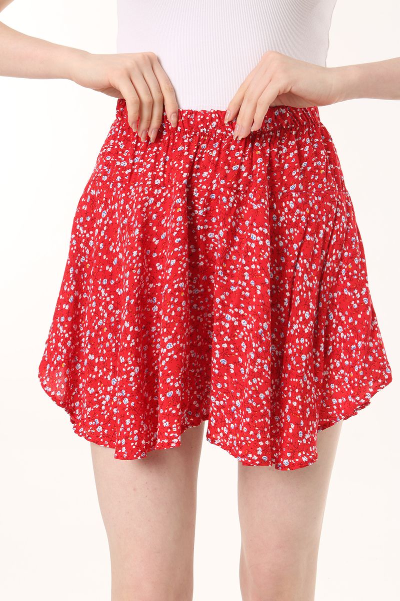 Women Red Ditsy Floral Skirt With Inner Short