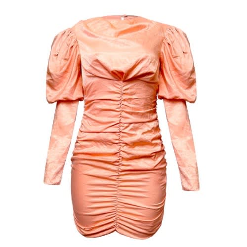 Premium Puff Sleeve Ruched Fitted Dress - Peach