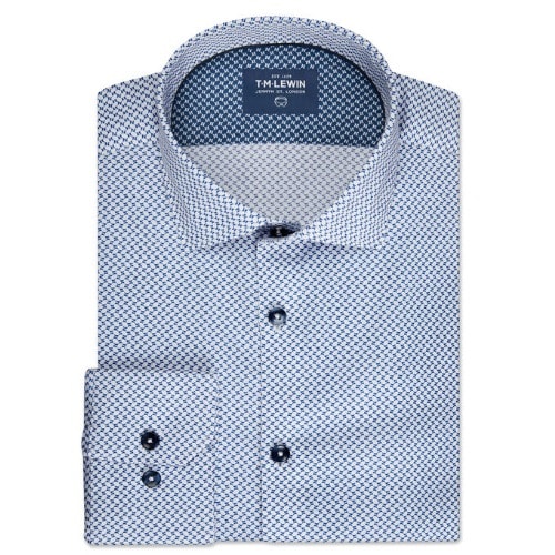 Slim Fit Navy And White Geoprint Single Cuff Shirt