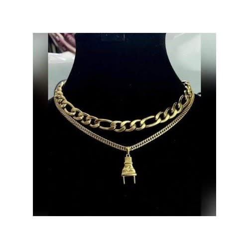 Two Cuban Link Chain With Plug Pendant - Gold