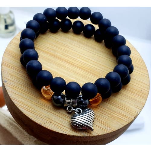 Unisex Beaded Bracelets - Heart Shape   - 2 Pieces - Black