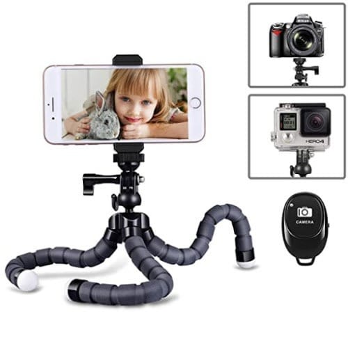 Flexible Octopus Tripod Stand + Phone Holder Clip + Bluetooth Remote Shutter - Black