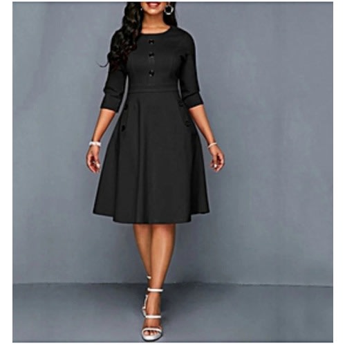 Button Detail Flare Dress -black..