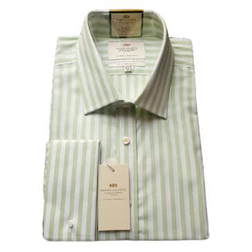 Men's Green & White Bengal Stripe Slim Fit Shirt - Double Cuff