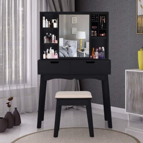 Cushioned Stool Dressing Table - 2 Sliding Drawers - 5 Storage