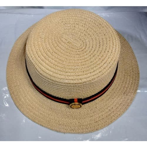 Straw  Hat With Blue And Red Ribbon