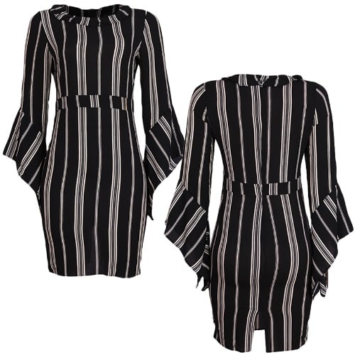 Monochrome Stripe Dress With Bell Sleeve