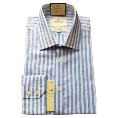 Men's White & Blue Stripe Slim Fit Shirt With Floral Background - Single Cuff