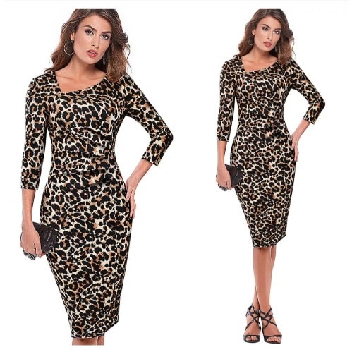 Leopard Print Office Bodycon Dress Long Sleeve