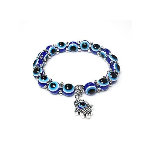 Blue Eye Detail Bead Bracelet With Hand Of Hamsa