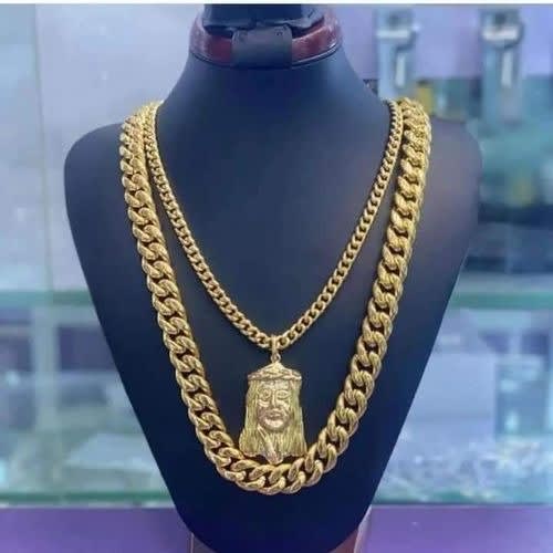 Iced Out Cuban Gold Link Steel Chain With Pendant