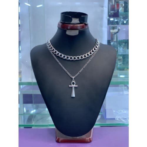 2 Chains With Cross Pendant - Silver