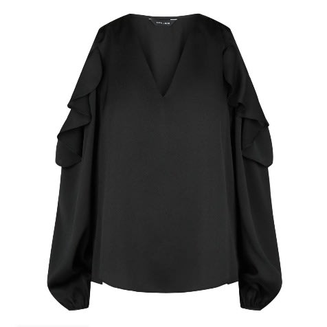 Cold Shoulder Ruffle V Neckline Blouse - Black