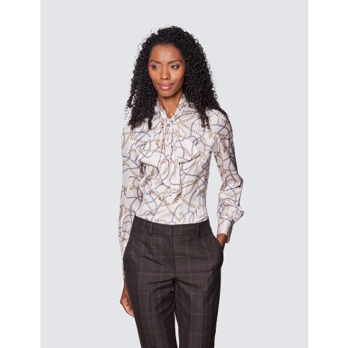 Women's Cream & Gold Chain Print Pussy Bow Blouse
