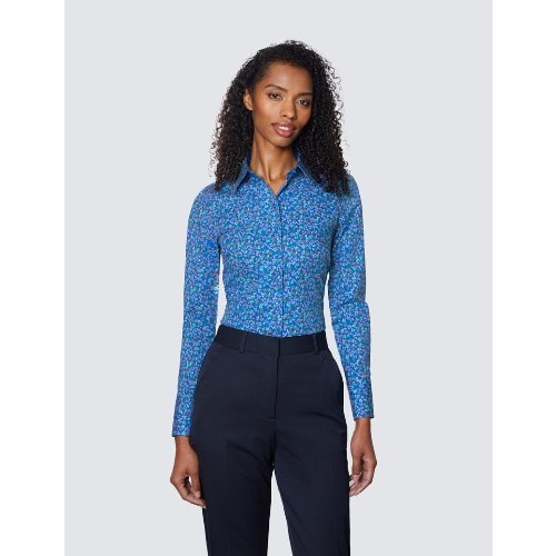 Women's Blue & Pink Fruits And Leaves Print Fitted Cotton Stretch Shirt