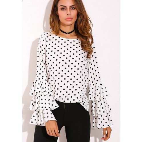 Polkadot 3 Step Sleeve Top -white