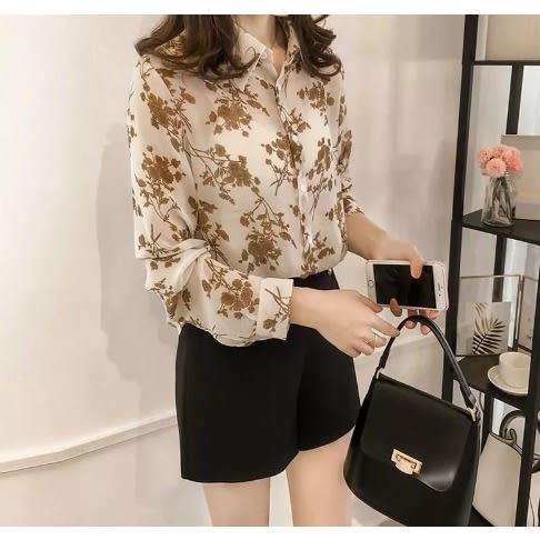 Floral Long Sleeve Blouse - Beige