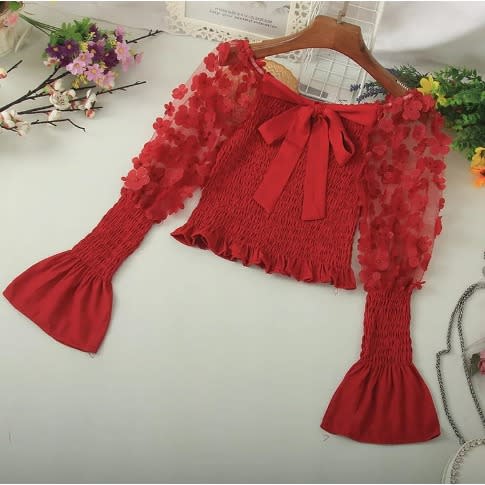 3d Floral Blouse- Red
