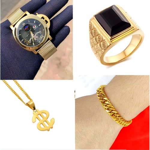Men's Chain Gold Wristwatch + Necklace + Hand Chain & Ring