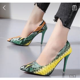 Snake Skin High Heeled Pumps - Green & Yellow