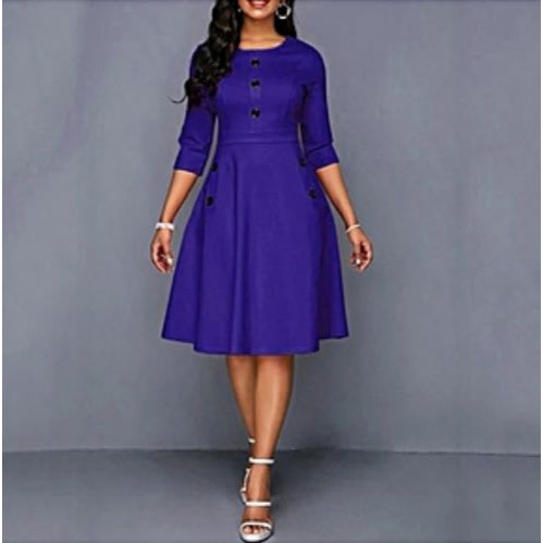 Button Detail Flare Dress -blue