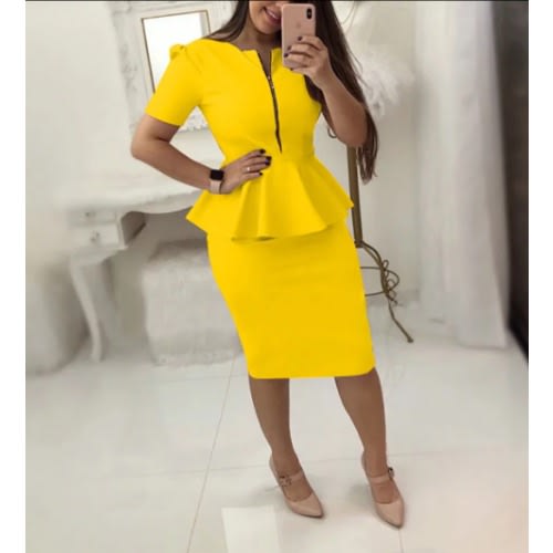Peplum Front Zipper Dress - Yellow