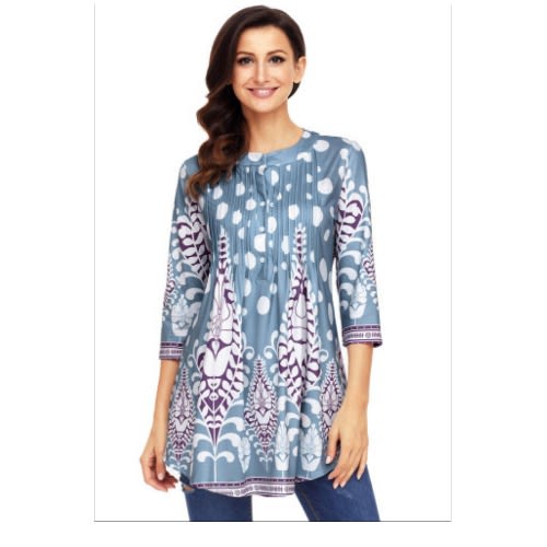 Light Blue White Fliral Print Flowy Tunic - Light Blue