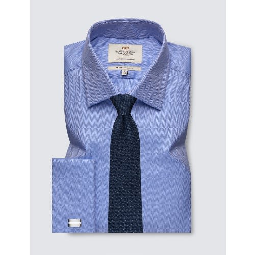 Men's Formal Blue Herringbone Slim Fit Shirt - Double Cuff - Easy Iron