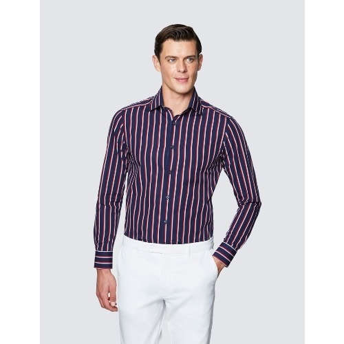 Men's Curtis Navy And Red Stripe Slim Fit Cotton Shirt - Low Collar
