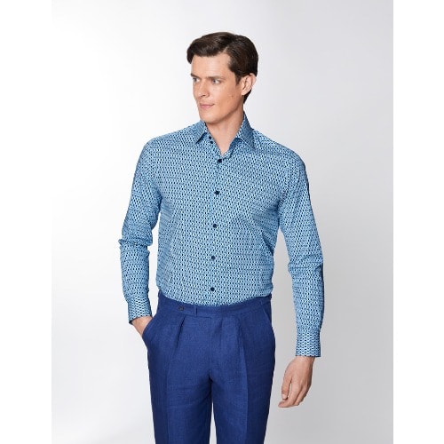 Men's Geometric Print Relaxed Slim Fit Shirt – Single Cuffs -  Blue & Navy