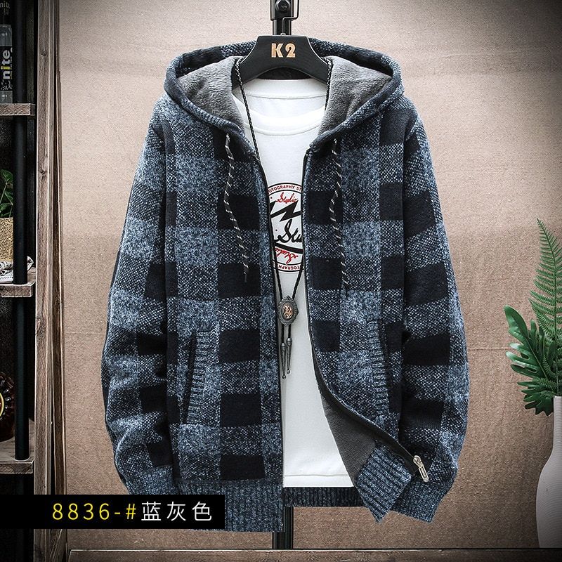 Sweater  Jacket Men Sweater Mens Coat Hooded Jacket Men's Korean Casual Plush Thickened Jacket Knitted Zipper Warm Men