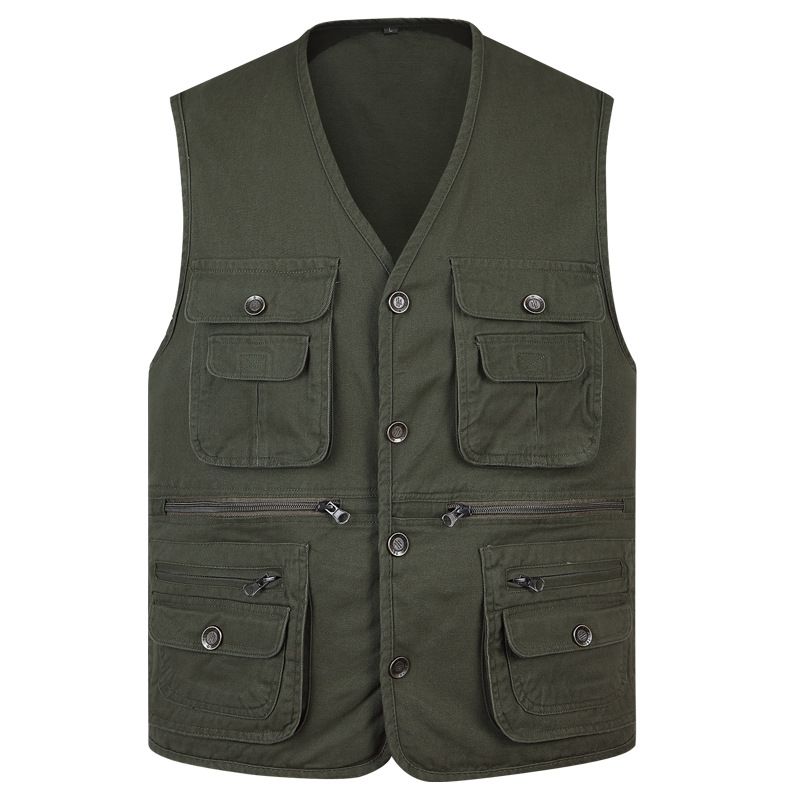 Men Vest Cotton Button Multi Pocket Solid Big Size Travel Waistcoat