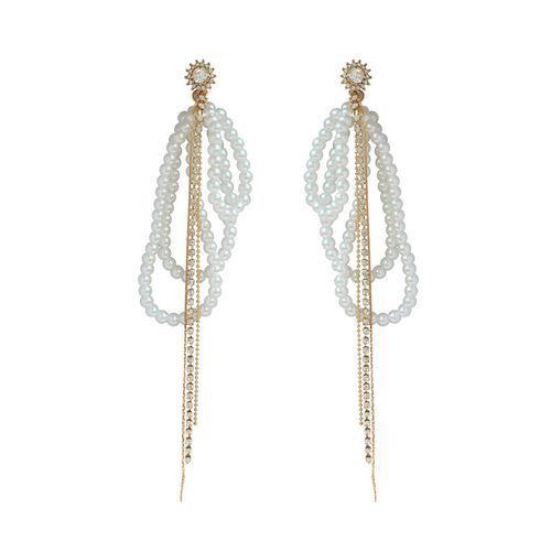 25 Silver Needle Zircon Pearl Tassel Long Earrings