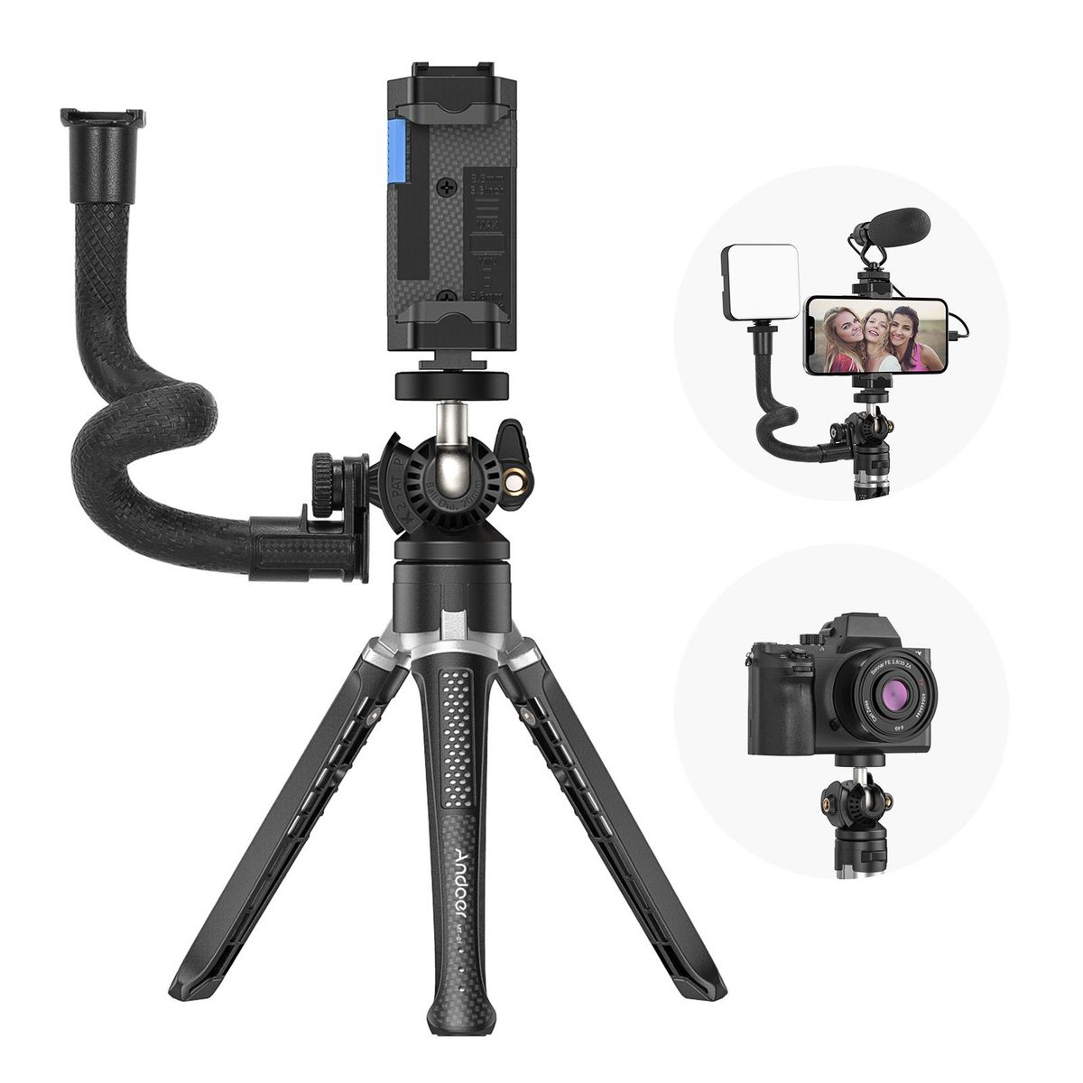 Andoer MT-01 Desktop Tripod Stand 2 Levels Adjustable Height 360° Rotatable Ball Head with Phone Holder Flexible Extension Arm Max. 5kg Load Capacity for Vlog Live Streaming Online Teaching Video Conference
