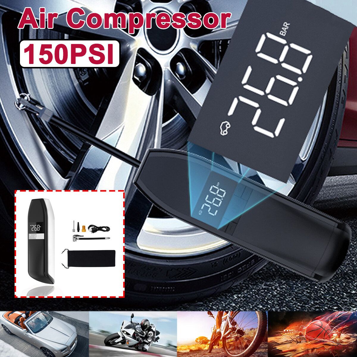 12V 150PSI Portable Tire Inflator Car Air Pump Compressor Electric W/ LED Light