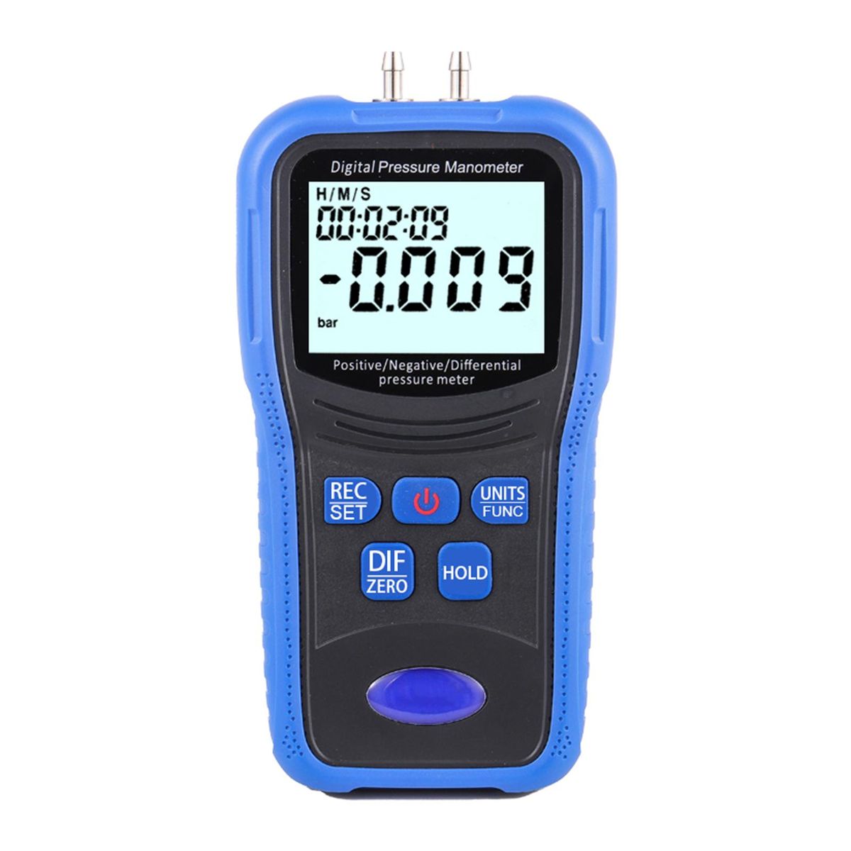 Digital Pressure Manometer, Pressure Meter with Pressure Zero Correction Function Backlight Display Time Setting 9V 6F22 Battery Hose Rubber Head Metal Quick Connector PP Tool Box Packing