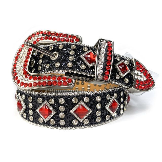 Fashion Strap Diamond Belt Western Crystal Studded Belt Cowgirl Cowboy Rhinestone Belt For Women Men Jean Cinto De Strass(#Black Red)