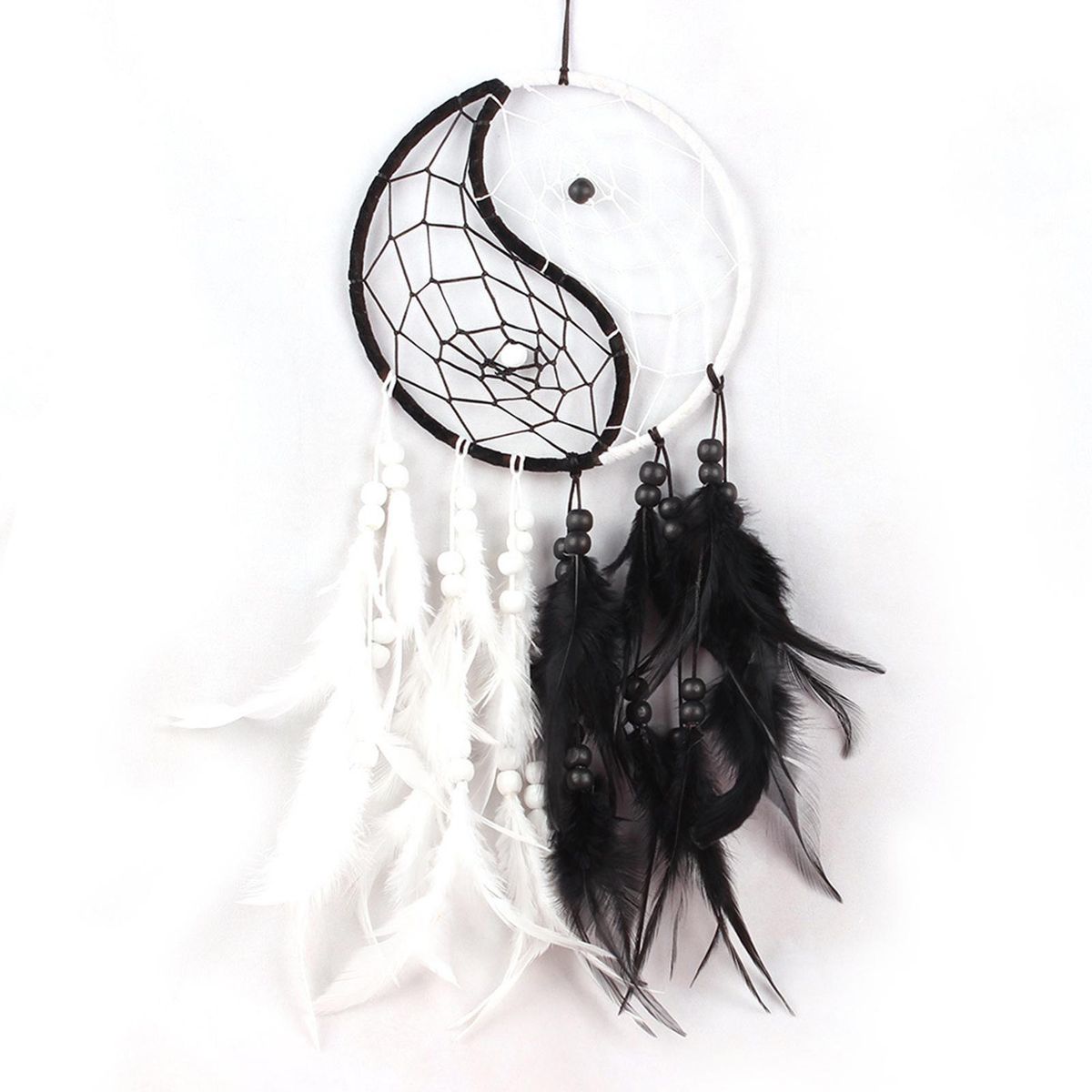 Nightmare Catcher Yin Yang Dream Catcher Handcrafted Feather Bead Wall Black White