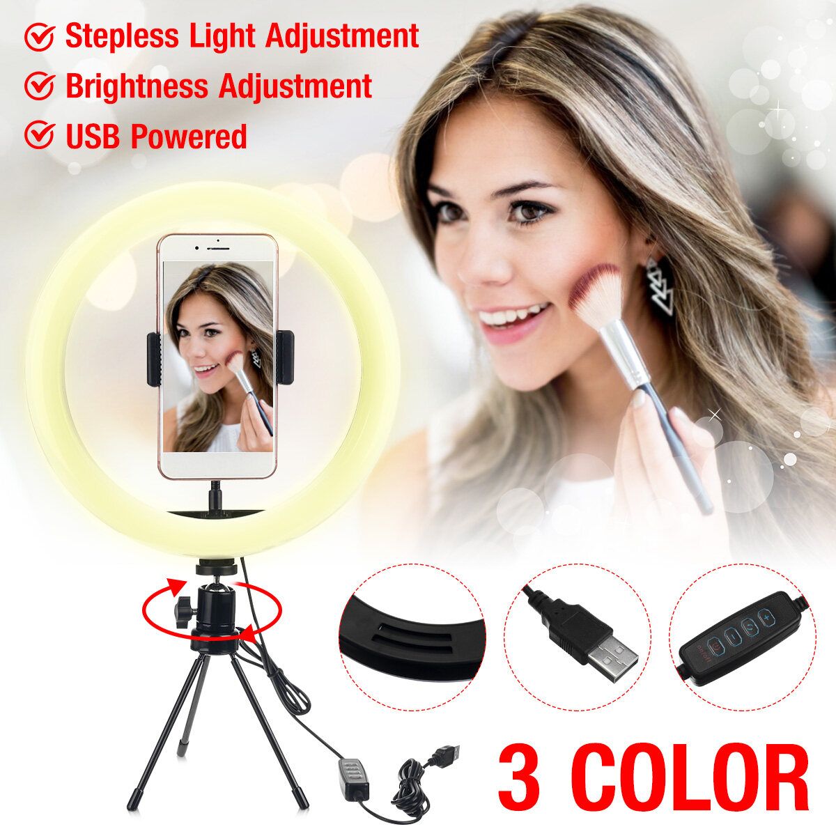 LED 360° Ring Light Dimmable& Lamp Stand Kit Phone 2 Selfie Video Makeup With Tripod For Makeup Live Stream Makeup 26cm + Machine Clip + Gimbal + Desktop Rack