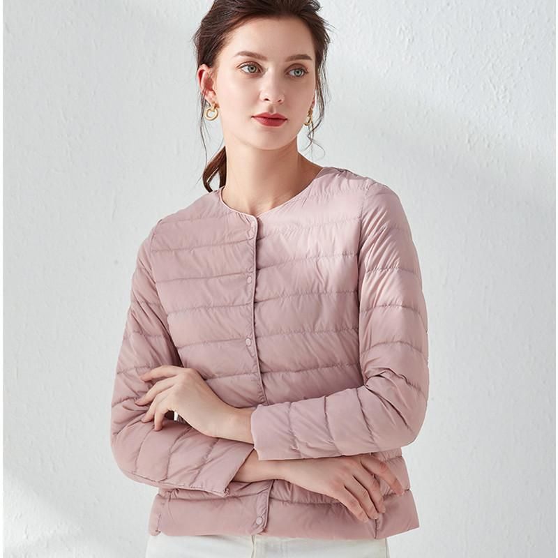 2022 Winter Style Collarless Lightweight Short Fit Down Coat Women's Large Round Neck Short Coat