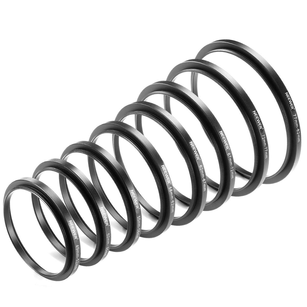 Neewer® 8 Pieces Step-up Adapter Ring Set Made Of Premium Anodized Aluminum, Includes: 49-52mm, 52-55mm, 55-58mm, 58-62mm, 62-67mm, 67-72mm, 72-77mm, 77-82mm-Black