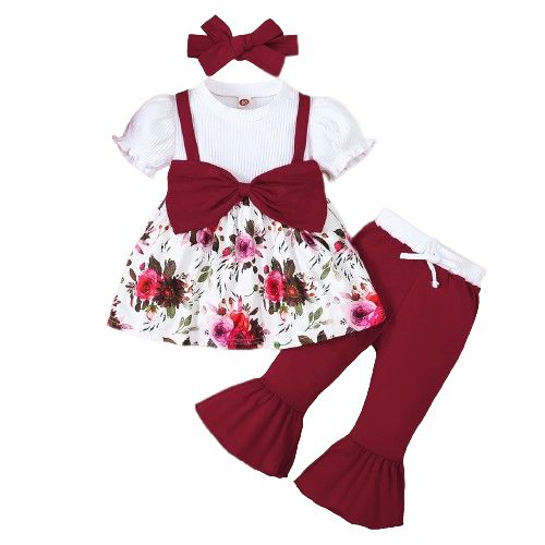 0-3Years Baby Girl Floral Puff Sleeve Top+Pants+Headwear