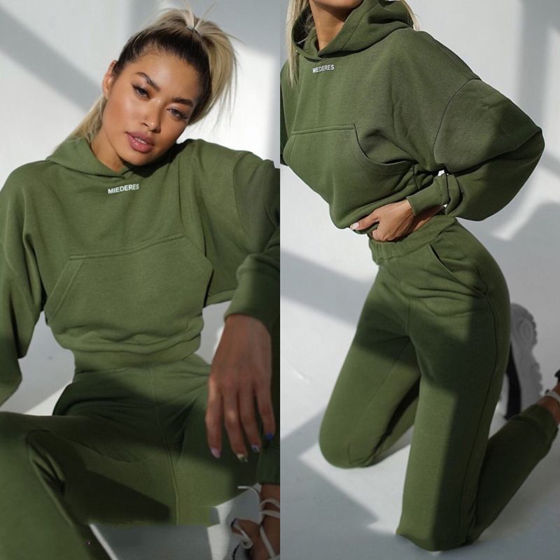 (Army Green)Autumn Winter Girls Two Piece Women Crop Top Hoodies Pants Sportswear Suits Thicken Warm Ladies Sets Hoodie Sets Y2k Tracksuits GRE