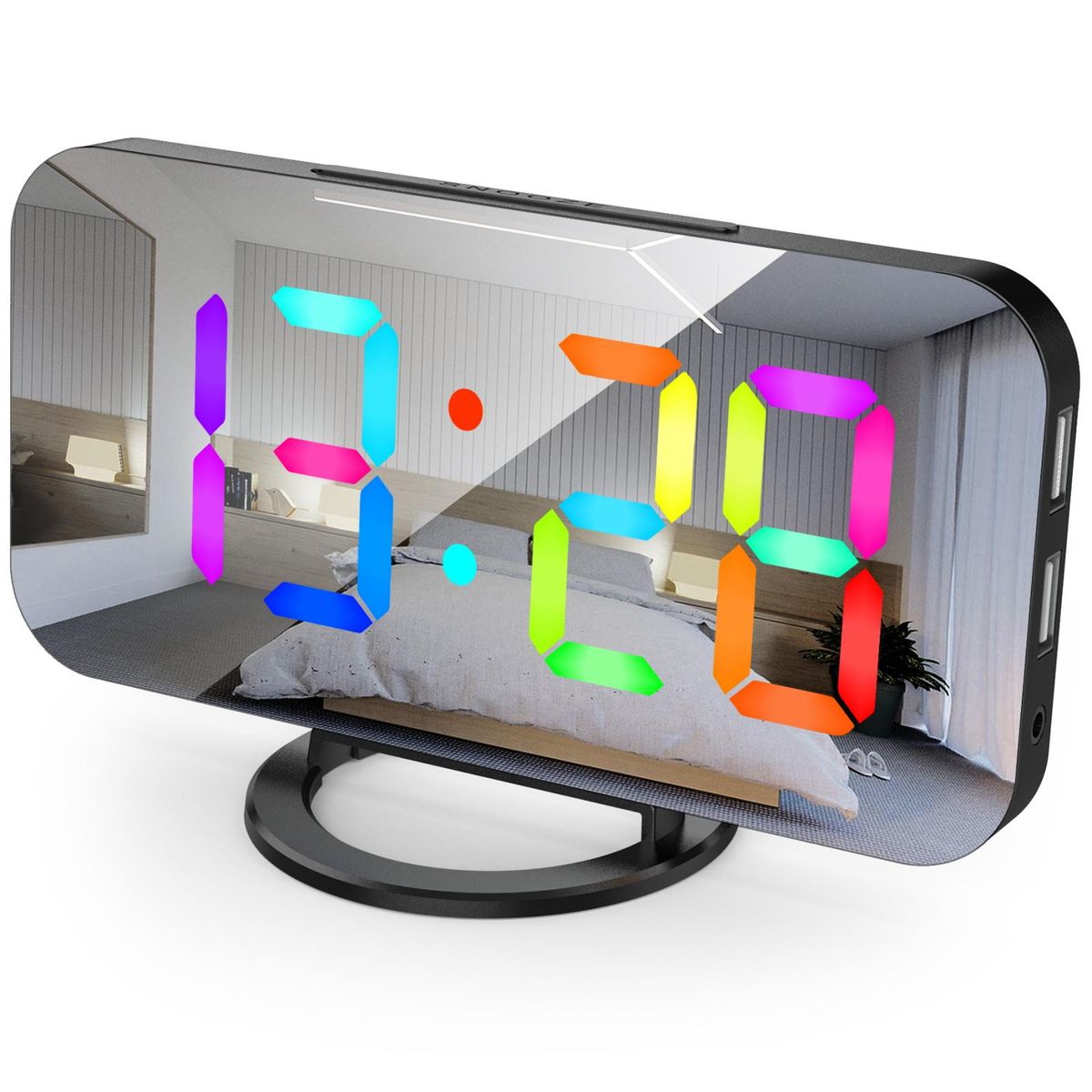 Digital Alarm Clock with Dynamic RGB Light Dimmable Brightness Adjustable Snooze Function USB Charger Port Mirror Clock 12H/24H for Bedroom Home Office Decor Wall Mounted