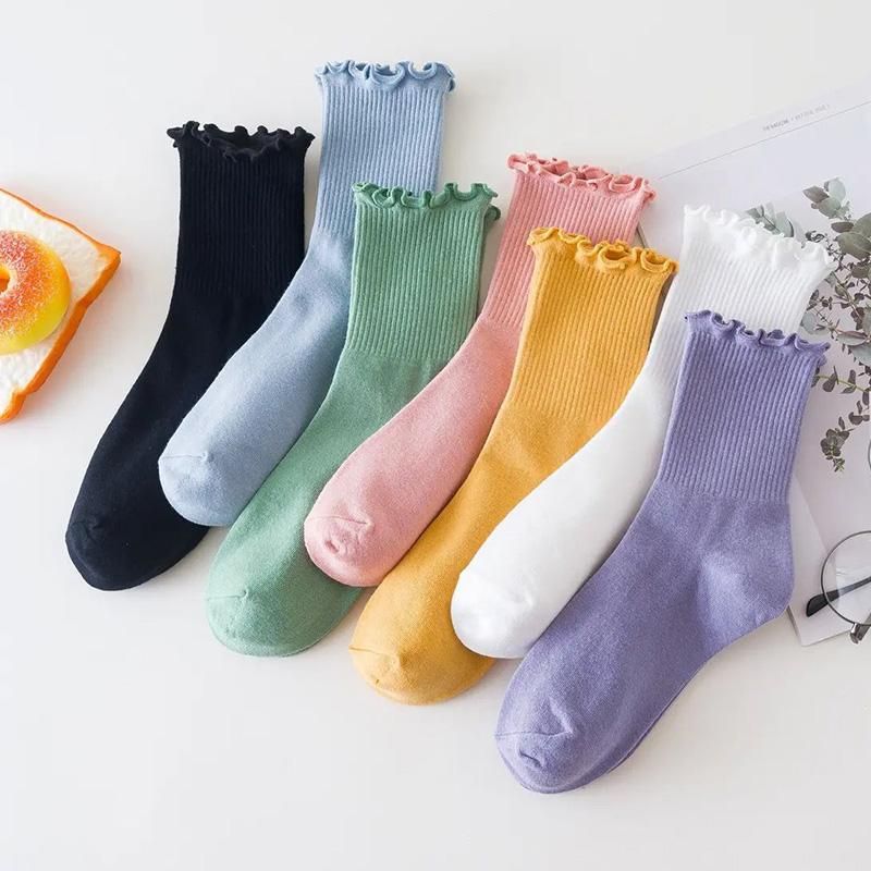 1 Pair Women Ruffle Lace Cotton Loose Socks Autumn Winter Knitting Solid Color Long Stockings Breathable Mid Tube Cute Sock