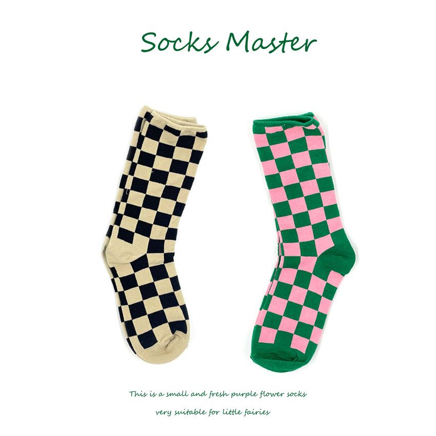 Chessboard Stockings Children's Autumn And Winter Fashion High Waist Net Red Green Black Lattice Pure Cotton Korean Green Medium Tube Stockings