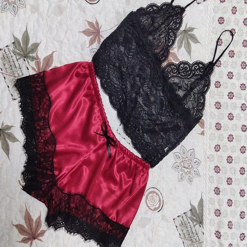 Women Sexy Satin Lingerie Set - Red