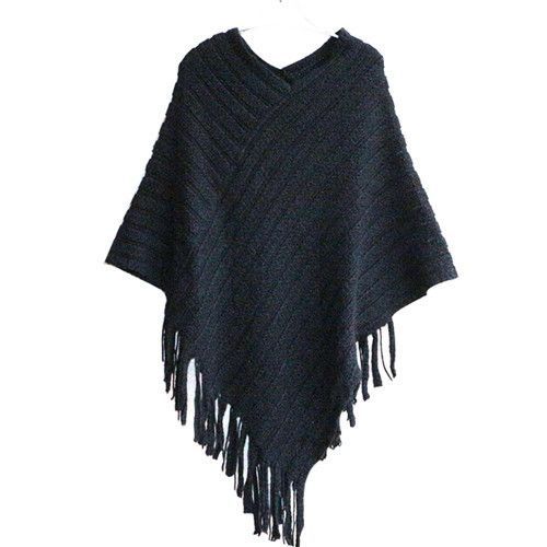 New 2017 Womens Ladies Cape Coat Fringe Poncho Oblique Stripe Coat Bohemian Shawl Scarf(#Black)